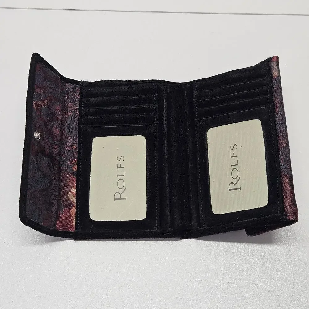Vintage NWT Rolfs Wallet Suede Credit Card Black Floral Blossom Boho Whimsigoth